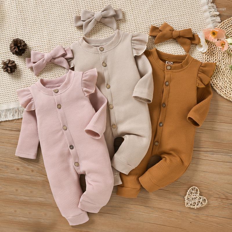 

Jumpsuits Born Baby Romper Solid Color Clothes Girl Rompers Cotton Long Sleeve O-neck Infant Boys Jumpsuit Bowknot Hair Band, Pink