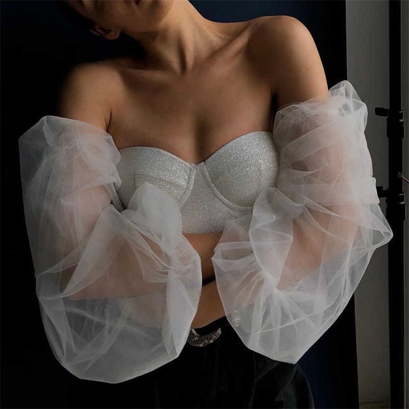 

DEAT Summer Mesh Puff Long Sleeve Glitter Blouse Shirt Fashion Sexy Bustier Women Elegant MI696 210709, White