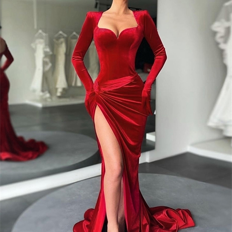 

WannaThis Velvet Women FloorLength Dress Sexy Side Split Square Collar Elegant Padded Party Evening Autumn Wedding Gloves 220607, Green