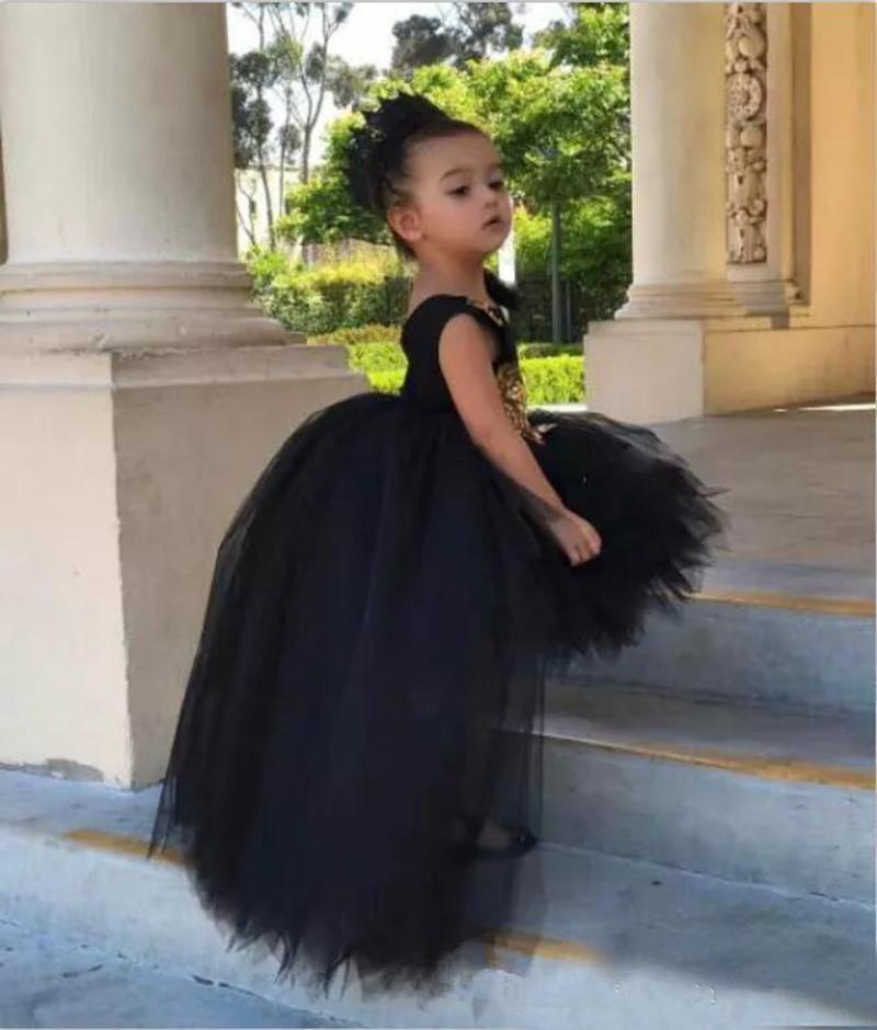 

Girl's Dresses Black High Kids Low Flower Girl Dress Girls Tulle Tutu Puffy Formal Appliques Sleeveless Toddler Pageant Gown, As image