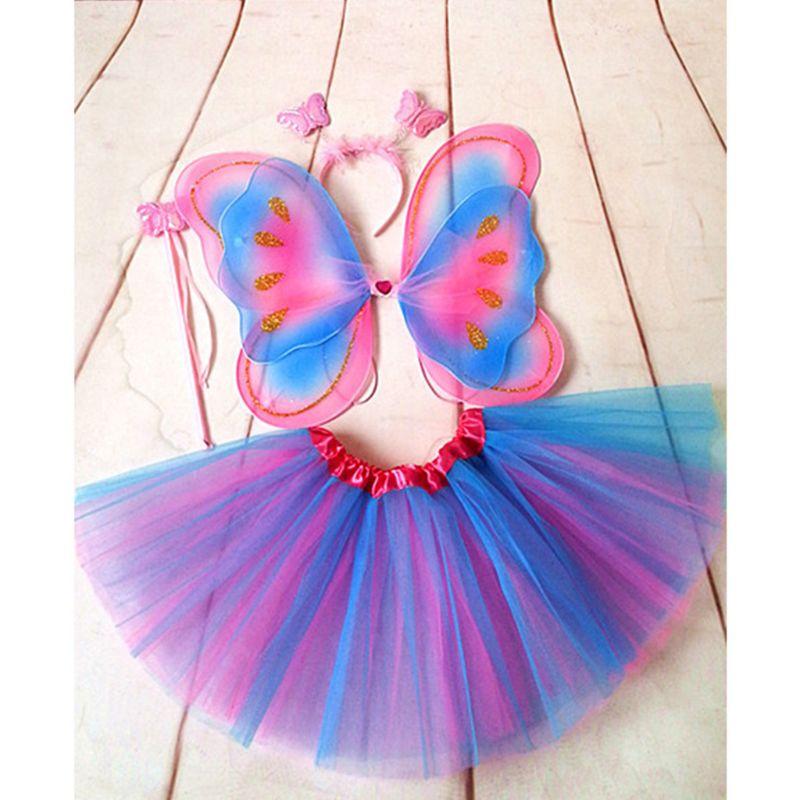 

Cosplay 4Pcs Butterfly Wings Set Kids Girls Fairy Double Layers Tutu Skirt Wing Magic Wand Headband Clothes Party CostumeCosplay, As pic