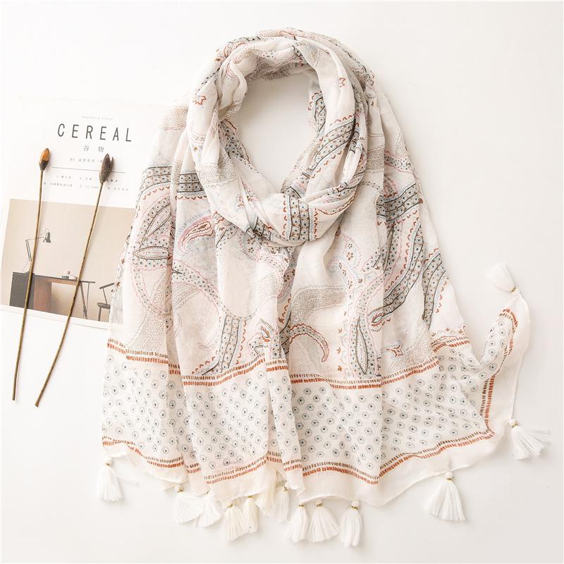 

Scarves Autumn White Cotton Scarf Women Gold Glitter Powder Paisley Printed Pashmina Fashion Beach Sun Protective Tassel ShawlScarves