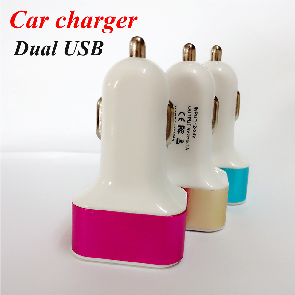 Chargeur de voiture 5V2.1A anneau en alliage d'aluminium carré double USB chargeur de téléphone android iphone grande puissance