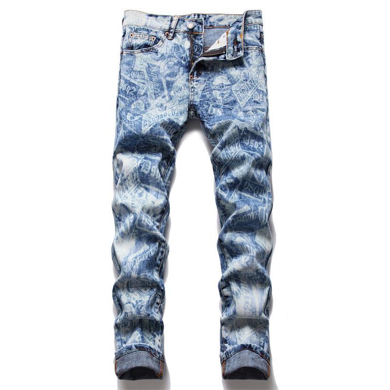 

Men's Jeans Brand Design Printed Pants Slim Fit Stretch Denim Trousers Washed Blue Streetwear Bottoms For Male, Sky blue