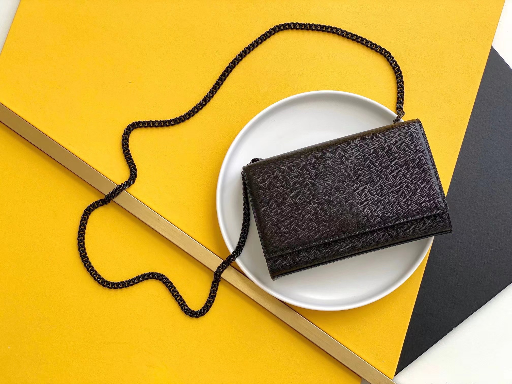 

Designer Woman Bags Handbags Purses Genuine Leather Women Ladies Messenger Cross Body chain flap Clutch Shoulder Bags Wallet, Black -gold chain