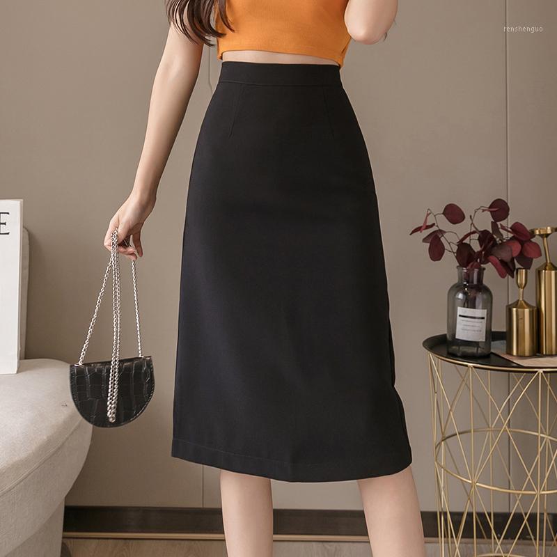

Korean Style Skirts Womens 2022 High Waist Solid Color Split Midi Office Skirt Women Brief Casual Summer Autumn Ladies, Black