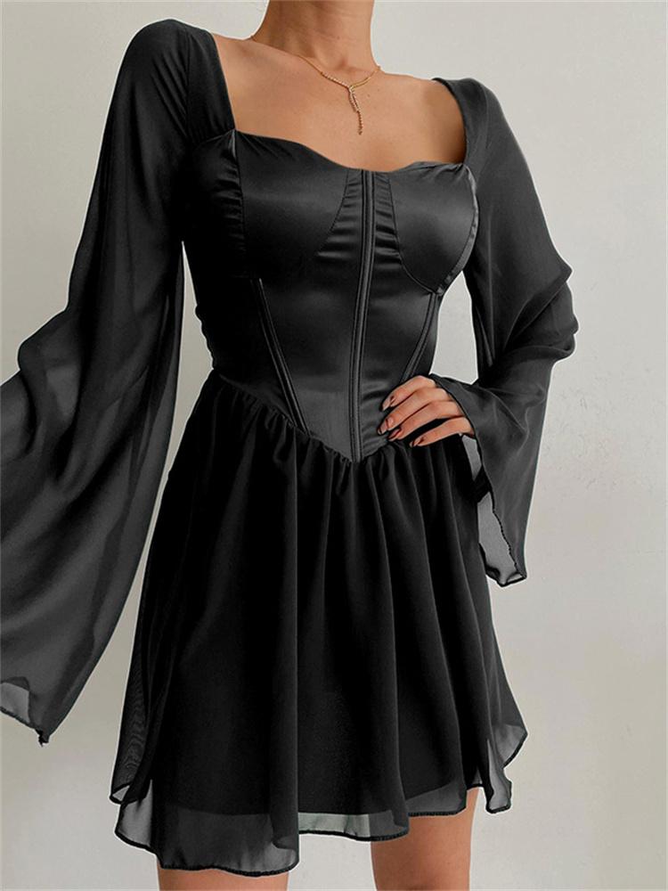 

Casual Dresses Vintage Black Long Sleeved Chest Wrap Waist Dress Fashion Square Neck High Hollowed Out 2022 Spring Prom, White
