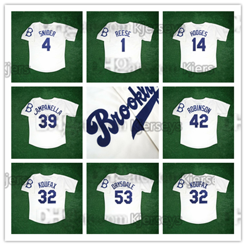 

Vintage 42 Jackie Robinson Brooklyn baseball jerseys Men's Home White Cooperstown Jersey Sandy Koufax Pee Wee Reese Gil Hodges Roy Campanella Duke Snider Size S-4XL, As