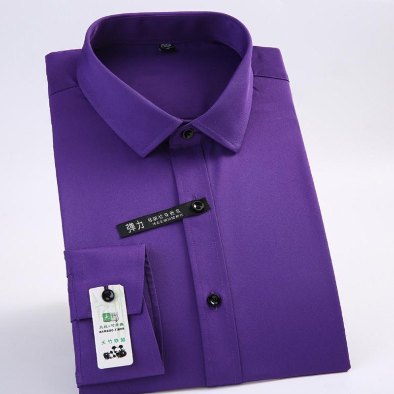 

Purple Silk Cotton Shirt Men Spandex Office Formal Slim-Fit Social Safari Japan Model Business Solid Camisas, Black
