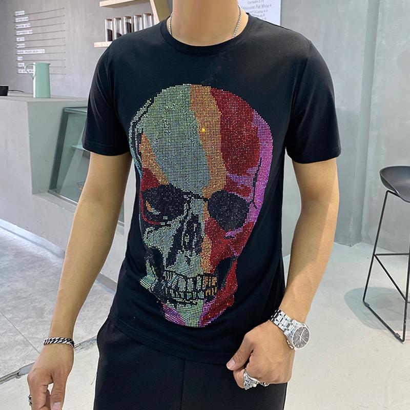 

Men's T-Shirts Fashion Large Skull Diamond Round Neck Bodybuilding Top T-shirt Men's Designer Short SleeveMen's, As shown asian size