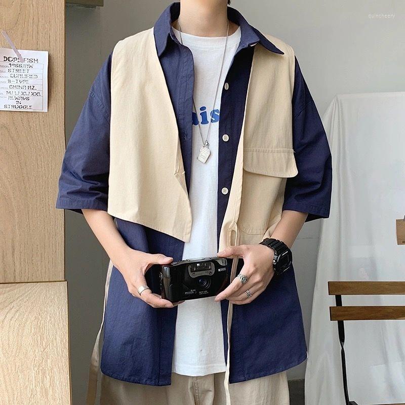 

Men's Dress Shirts Fake Two Work Clothes Short Sleeved Casual Shirt Men's Fashion Korean Loose Pocket Contrast Color Coat Boys Summer Or, Blue