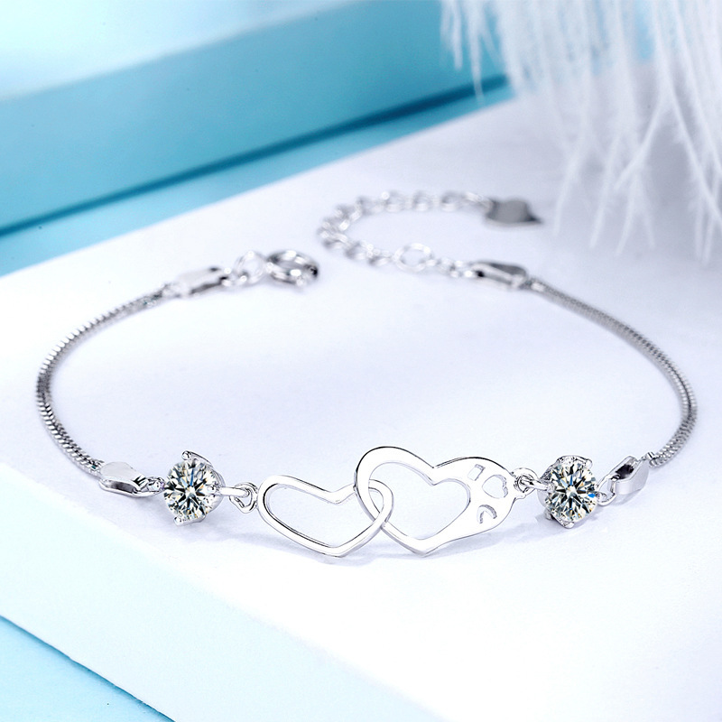 

S925 Sterling Silver Double Heart Bracelet Simple Student Female Personality Temperament Love Bracelet Jewelry Gift