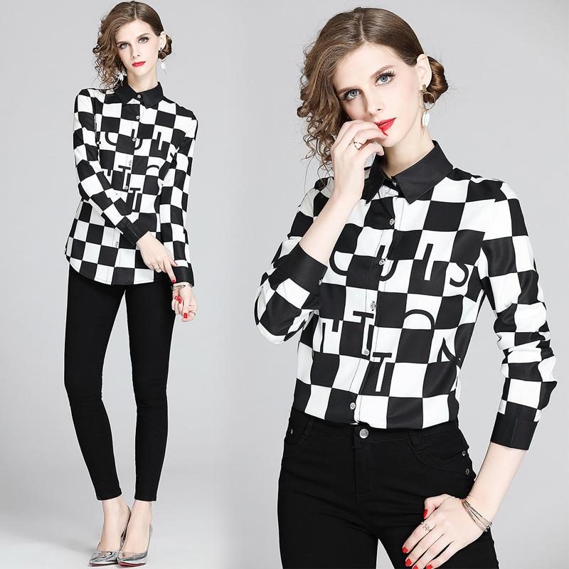 Women's Blouses & Shirts White Black Checked Chemise Femme Full Long Sleeves Blusas Mujer De Moda Turn Down Elegant Camisas