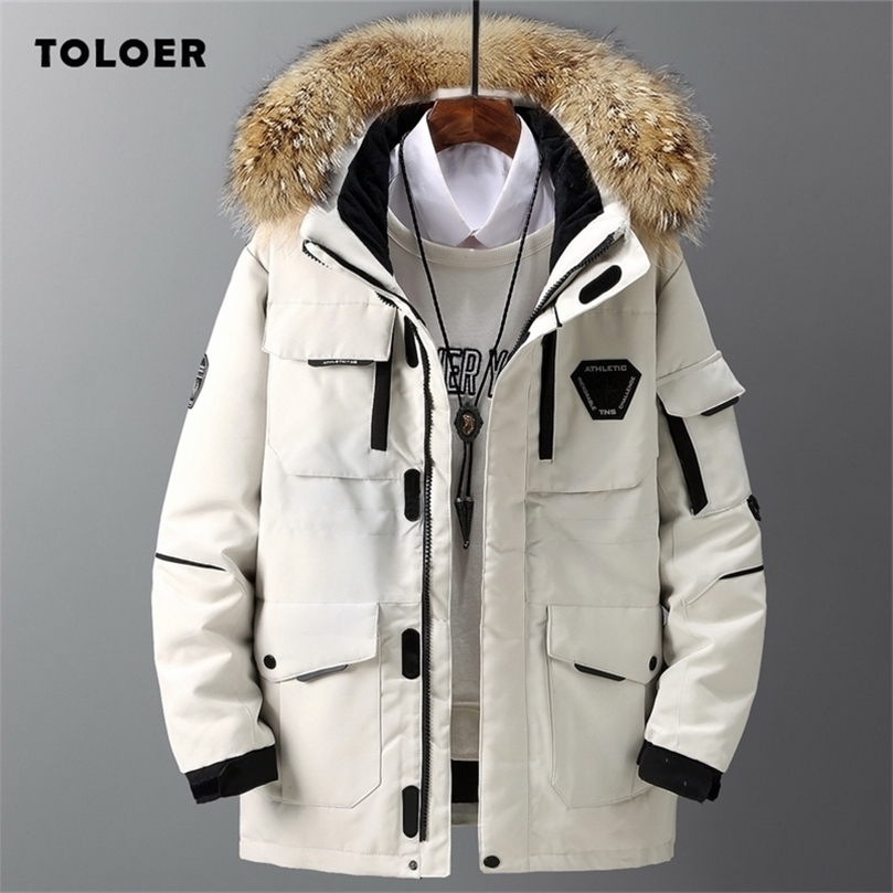 

Winter Style Mens Jacket Casual Cotton-padded Thick Warm Men Coat Fur Collar Hooded Male Outerwear Trendy Parka Coat 201201, Cc034 white