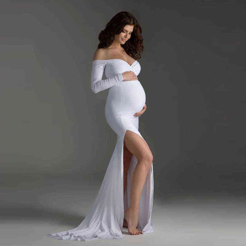 

Summer Pregnant Dress Shoulderless 2021 Cotton Long Seleeve Gown Skirt Photography Pregnancy Clothes Maternity Dresses For Women G220418, Black