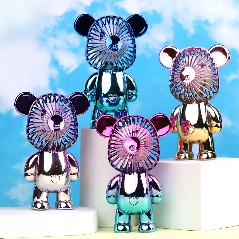 

USB Mini Fan Party Favor Rechargeable Bundles Handheld Electroplating Bear Outdoor Creative Desktop Mute Charging Portable three-speed wind Fan Ornament gifts