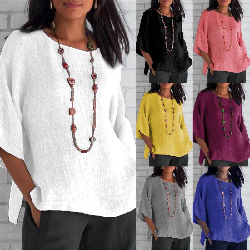 

Women' Blouses & Shirts Summer Women Cotton Linen Tops Blouse Ladies Baggy Seven Sleeves T-Shirt Vintage Streetwear O-Neck Tees Plus Size 5