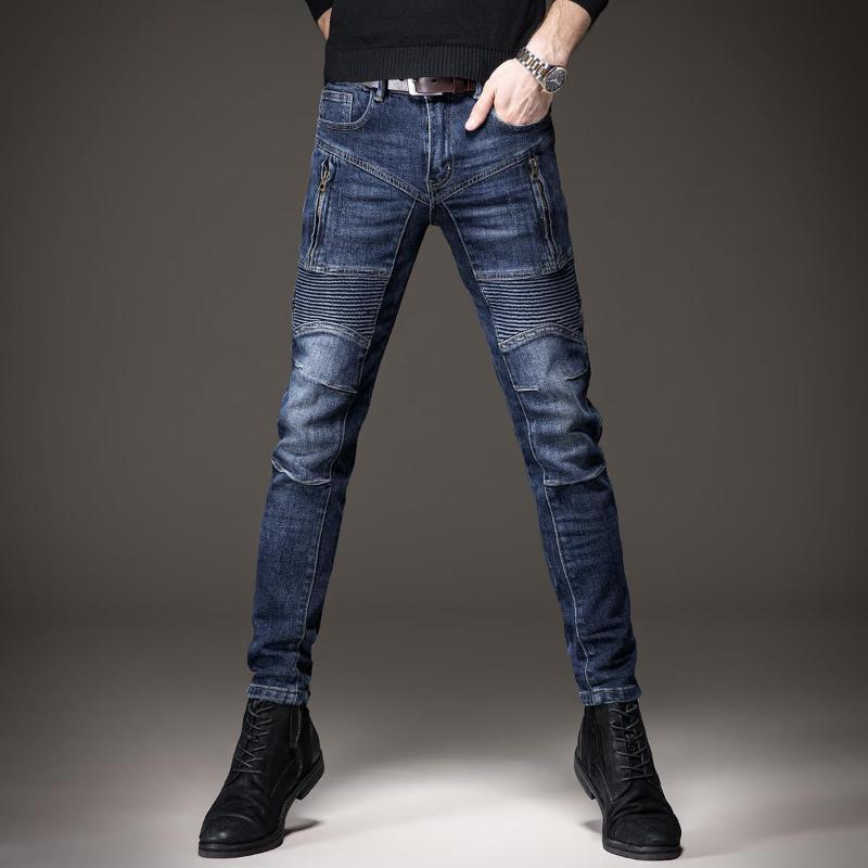 

Men's Jeans European And American Thread Men's Stitching Motorcycle Pencil Pants Punk Slim Blue Casual Elastic MenMen's, Black