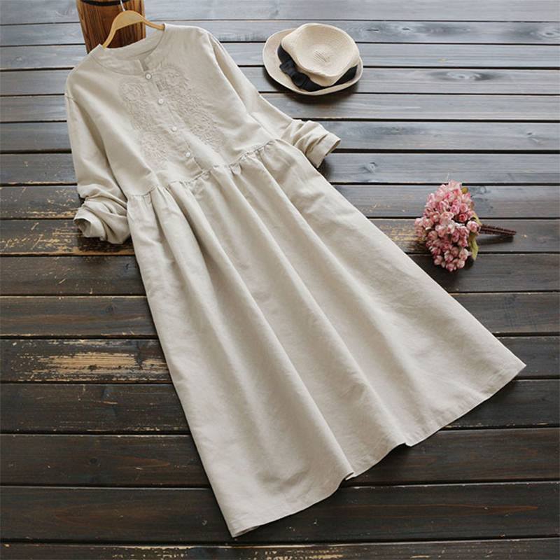Automne broderie longue chemise robe ZANZEA Vintage décontracté coton lin Vestidos femmes manches robe d'été caftan 220521