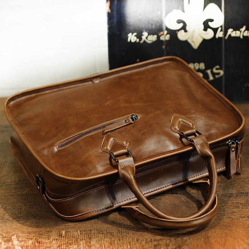 

Briefcases Xiao.p Crazy Horse PU Leather Briefcase Handbag Men Vintage 13inch Big Laptop Backpack Fashion Brown Messenger Shoulder Bag ManBr