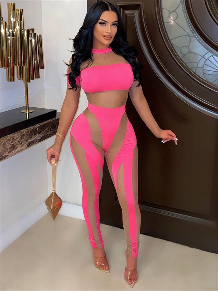 

Mesh Sheer Patchwork Jumpsuits Women Long Sleeve Bodycon Romper See Through Sports Club Sexy Wear Female Summer, Black