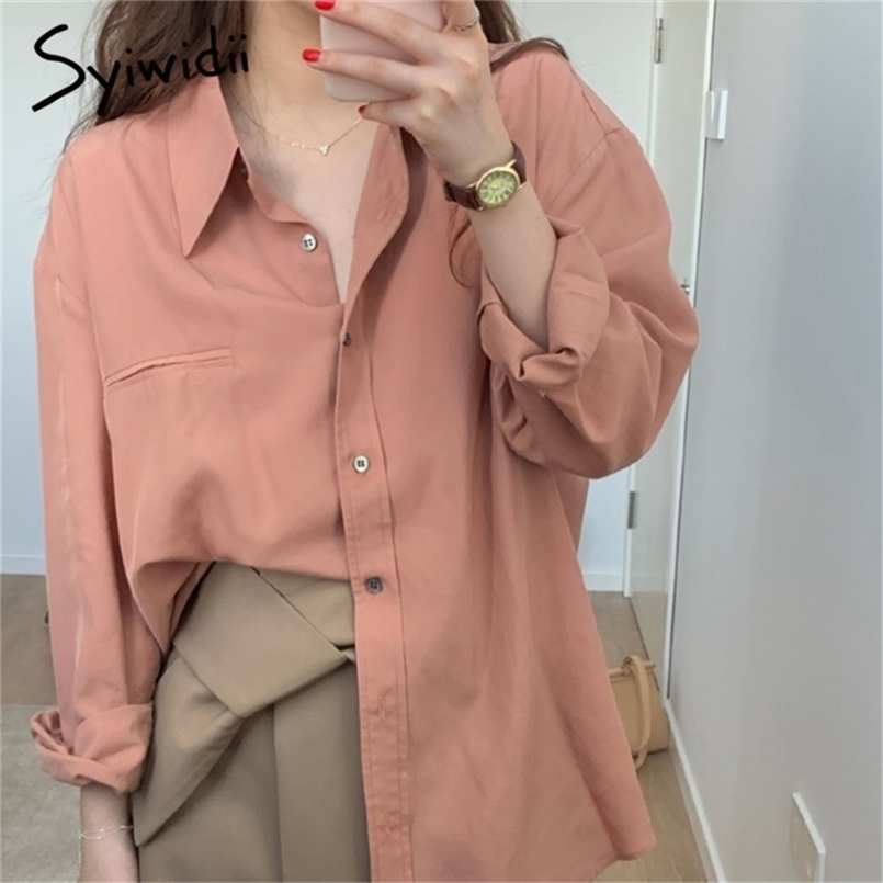 

long shirt women loose sleeve korean blouses harajuku casual street style solid pink clothing 210607