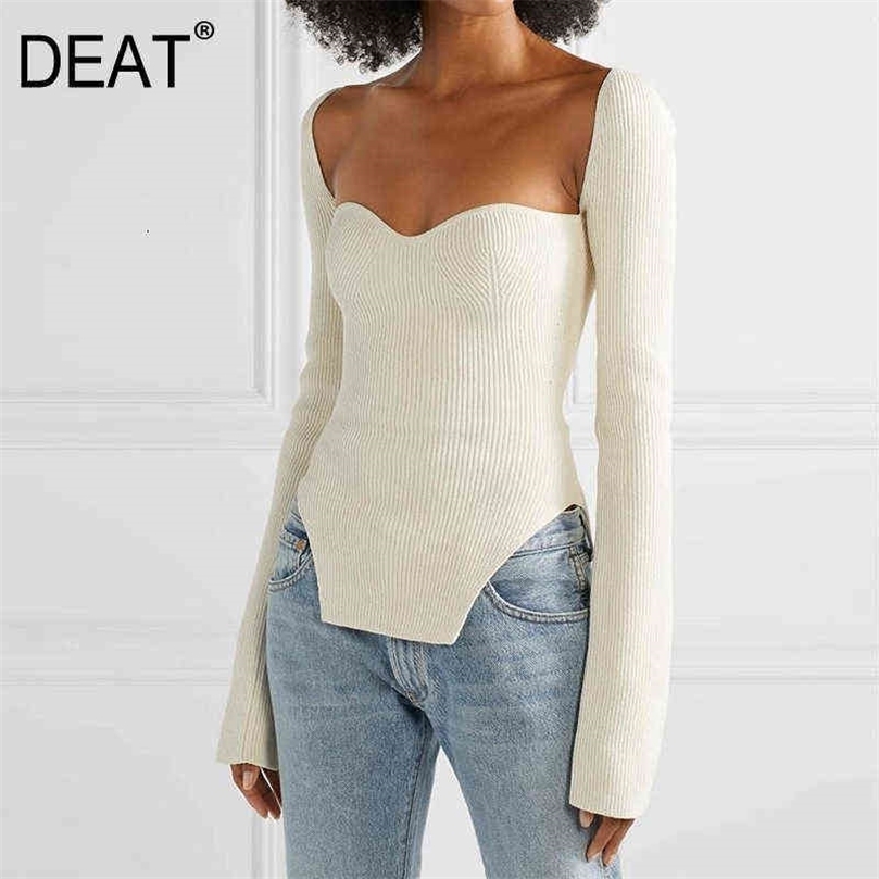 

DEAT winter and Fit fashion women clothes cashmere sqaure collar full sleeves elastic high waist sexy pullover WK080 211109, As picture