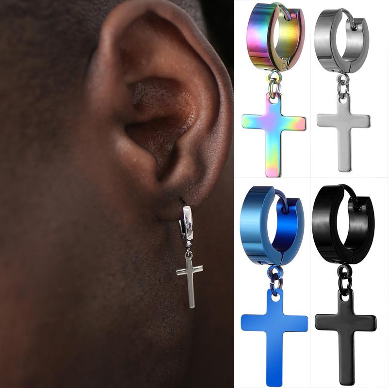 

Dangle & Chandelier 1 Pair Of Hip Hop Fashion Round Anti-fading Stainless Steel Cross Earrings Personality Street Men And Women Gifts
