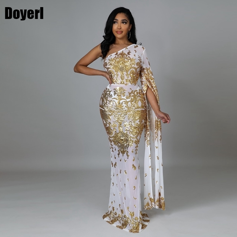Robe de soirée à paillettes scintillantes, Sexy, manches longues, asymétrique épaule dénudée, maille transparente, Maxi, moulante, soirée de mari