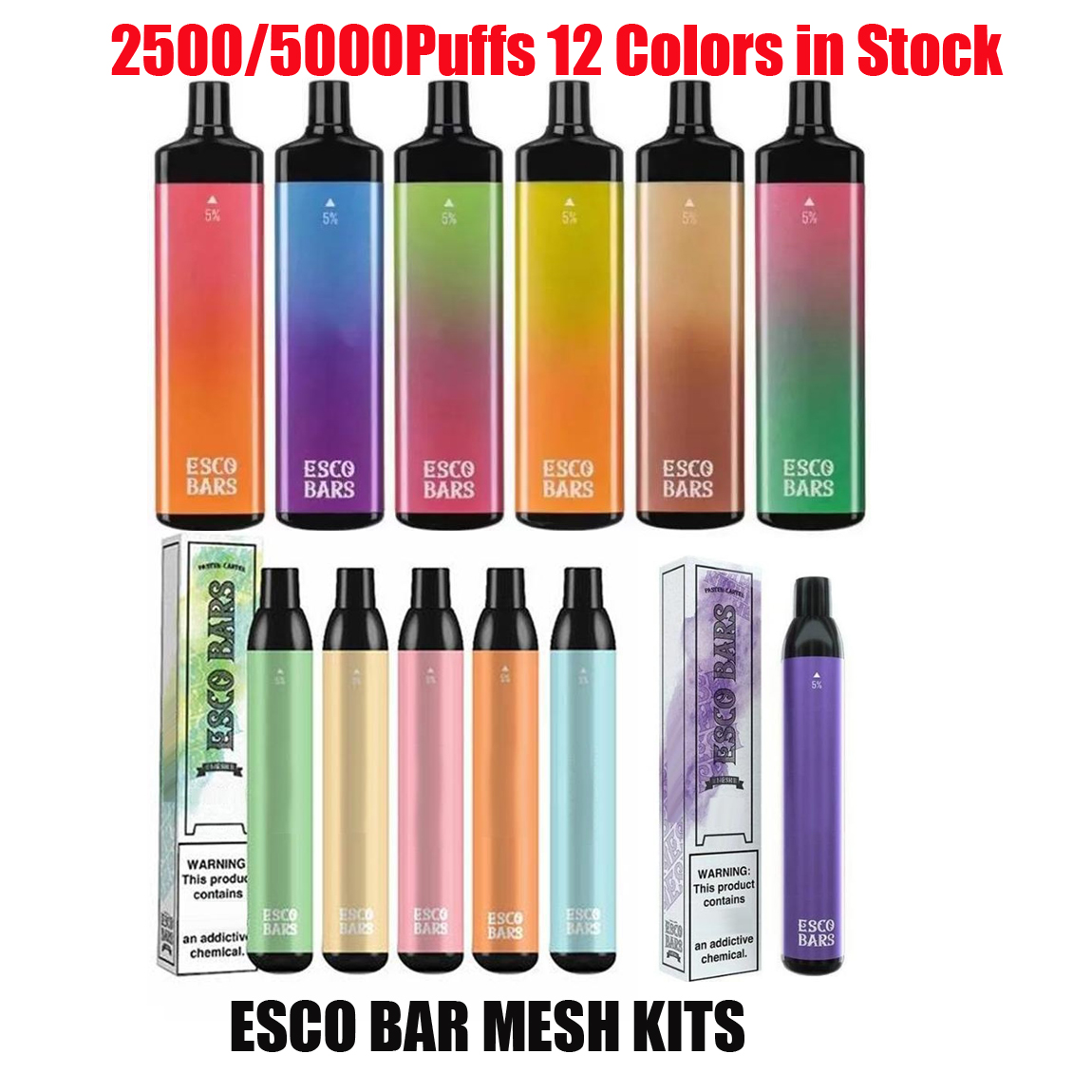 

Esco Bar Mesh Disaposable E-cigarettes Device Kit 5000 2500 Puffs 1000mAh 900mAh Rechargeable Battery 6ml 14ml Prefilled Cartridge Pods Stick Vape Pen vs Escobars