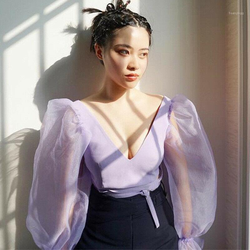 

Women Summer Sexy Mesh Sheer Crop Top Ladies Long Sleeve V-Neck Transparent Solid Blouse Tops Women' Blouses & Shirts, Purple