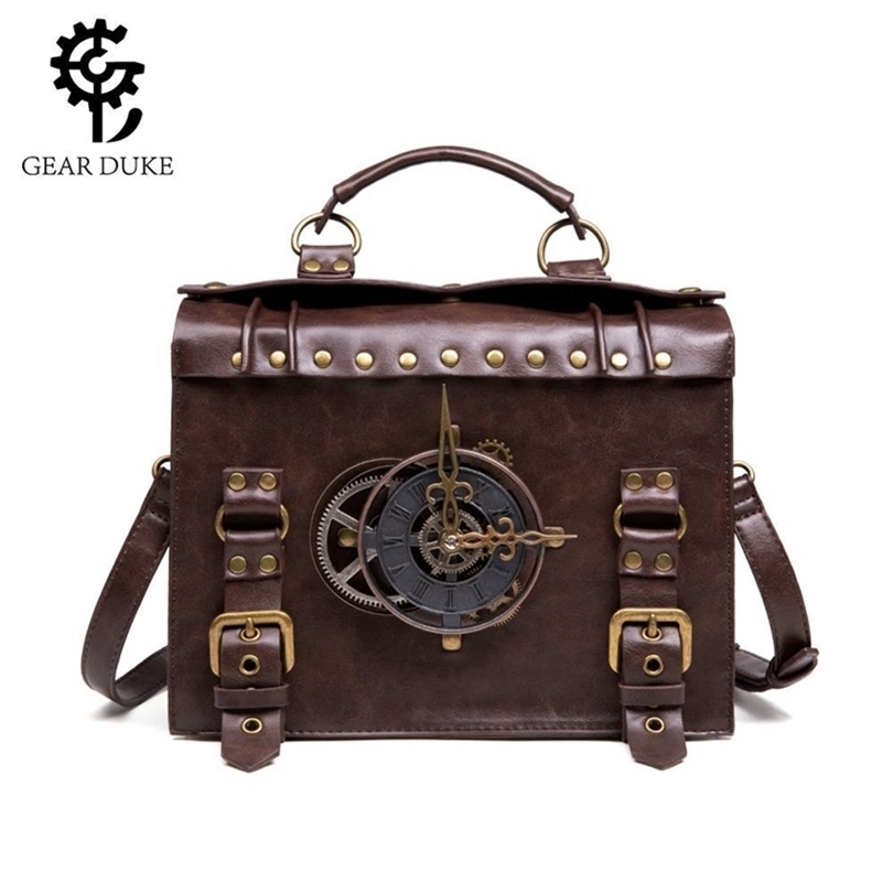 

Steampunk Gear Retro Gothic Bags For Women Handbags High Quality Leather Cross body Bags Lolita Style Shoulder Bags So Cool 201119, Army green