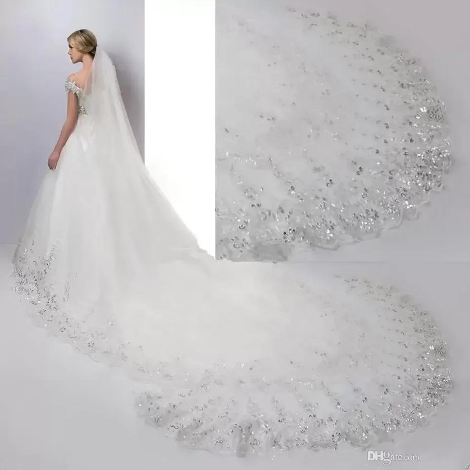 

Luxury 4 Meters Long Bridal Veils Lace Sequins with Comb Applique Edge Wedding Veils Cheap Bridal Accessories CPA887 sxmy20, Ivory