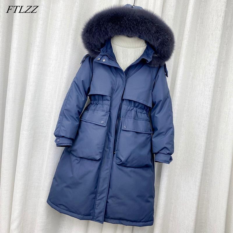 

Women' Down & Parkas FTLZZ Winter Large Natural Fur Collar Hooded Feather Jacket Women Long Coat Fluffy Warm Thick Outwear Waist Retractabl, Blue no fur