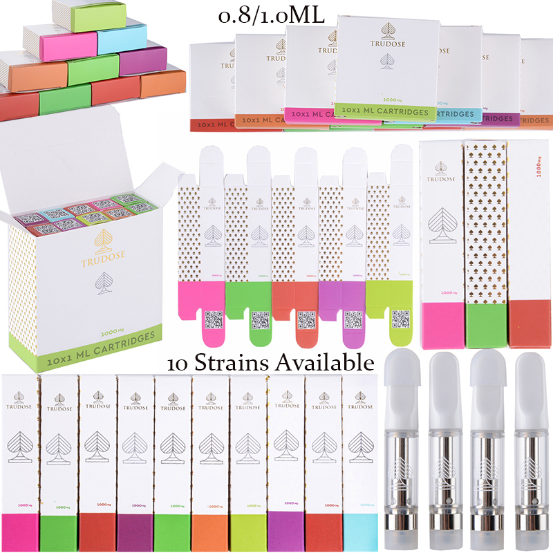 

0.8ml 1.0ml TRUDOSE Vape Cartridges Atomizers Ceramic Glass Thick Disposable Vape Pen Wax Vaporizer Carts E Cigarettes 510 Thread Cartridge Packaging Empty
