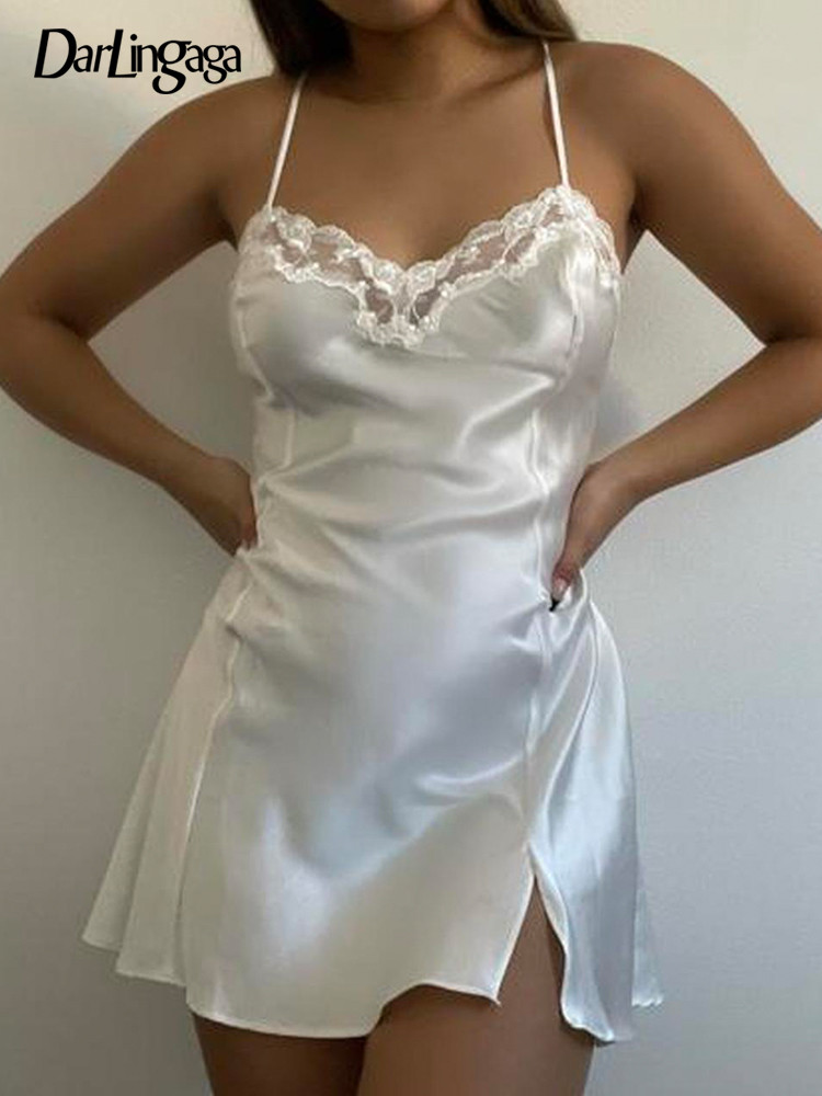 

Fashion Chic Y2K Lace Trim Satin Summer White Dress Female Strap Elegant Sexy Sundress Basic Slip Dresses Split 2022