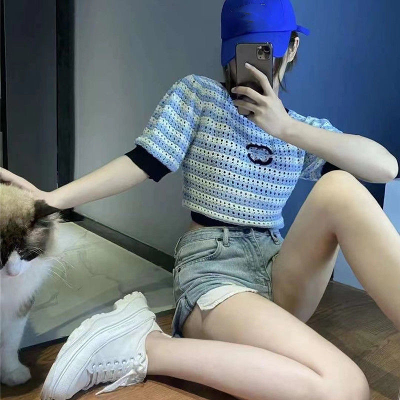 Women T Shirt Designer Womens Knits Wear Tees Top Women Clothing Classic Stripe Hollowed Out Short Thin Knitted Loose Shorts Sleeved Blue Pink S