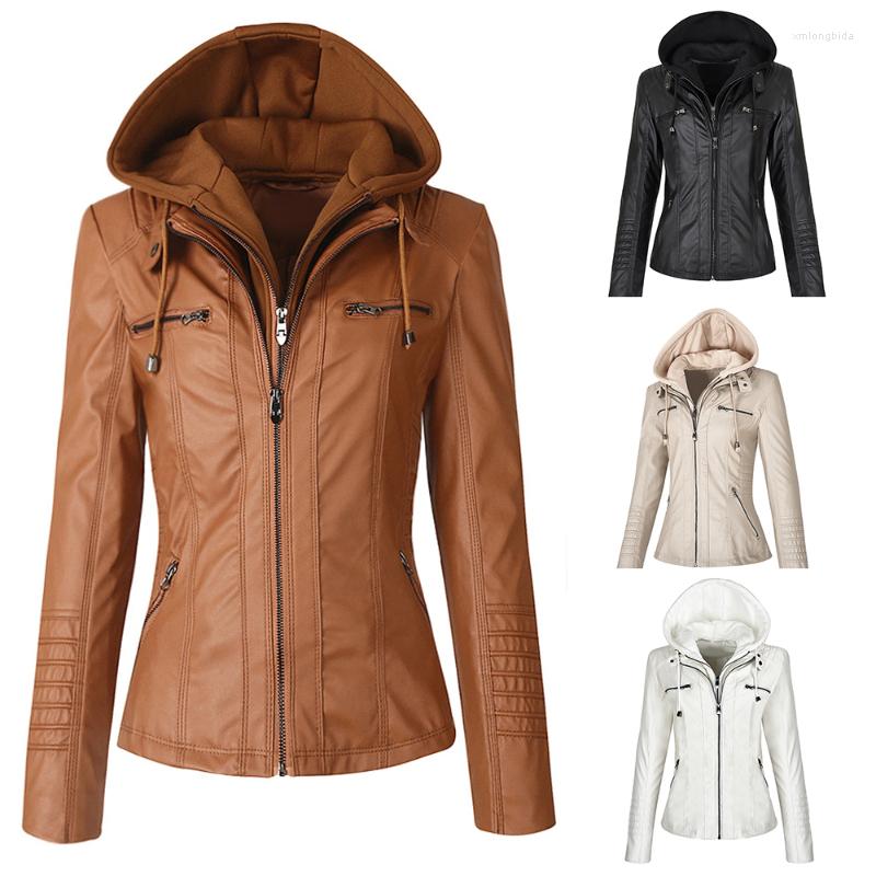 

Women's Jackets Women Hooded Leather Jacket Motorcycle Coats Street Female Tops Winter Lady Casual Slim Fit Solid Color CoatWomen's, Black