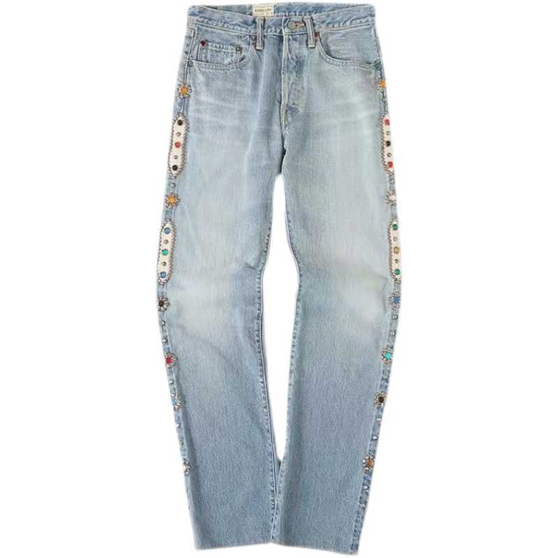 

Men's Jeans Kapital Hirata and Hiroshi gem rivets Vintage washed blue jeans straight tube vibe pants, Wash blue