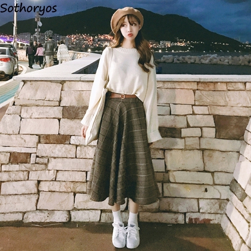 

Skirts Women Winter Woolen Plaid Retro Allmatch Korean Style Elegant Long Skirt Womens Trendy Students Moda Mujer Sweet Y200326, Brown