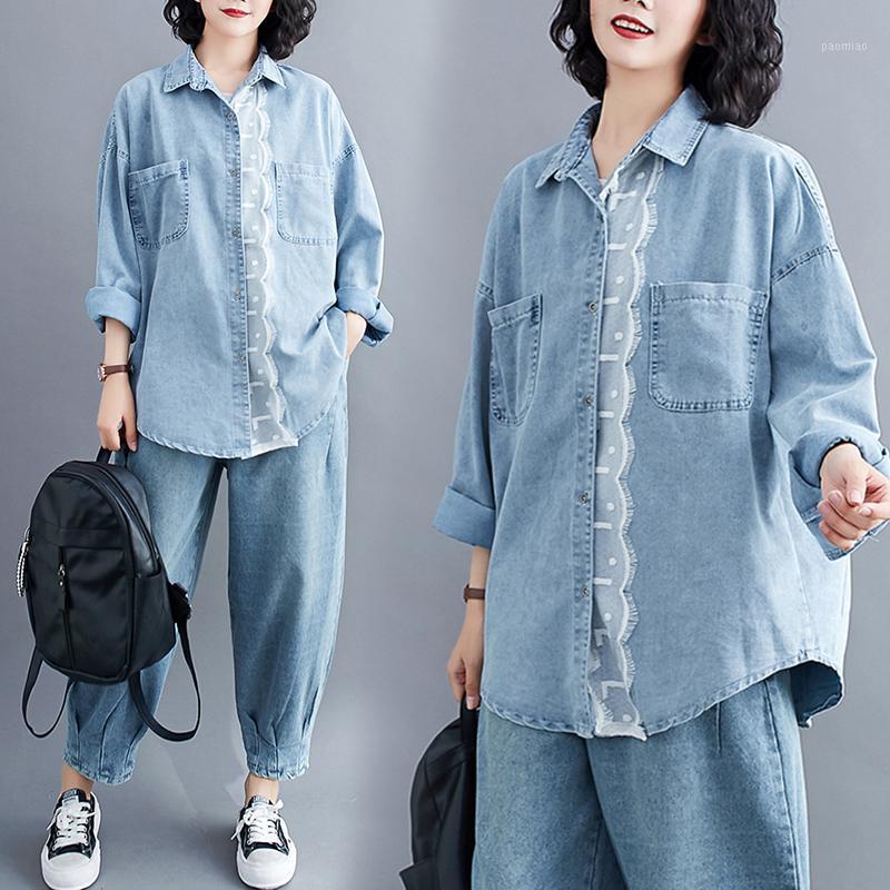 

Women's Jackets Plus Size Lace Stitching Washed Denim Coat Shirt Jeans Buttoned Lapel Pocket Irregular Cardigan Outerwear, Light blue