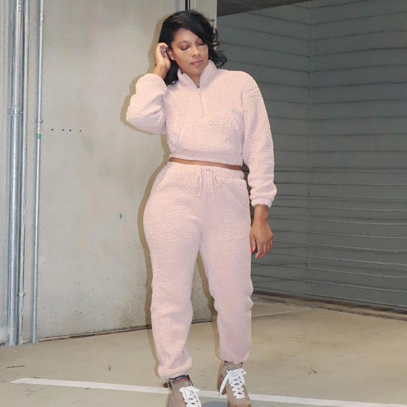 

Women' Two Piece Pants Autumn Winter Warm Bubble Velvet Leisure Tracksuit Women Pure Color Hoodies And Sets, Black