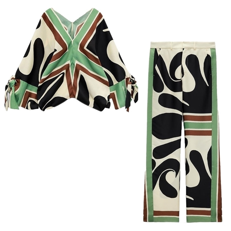 

Women's Cothing Spring/Summer Sale Bow Print Top Female Sweater V-neck Shirt Elements Wide Leg Pants Chic 220810, As shown