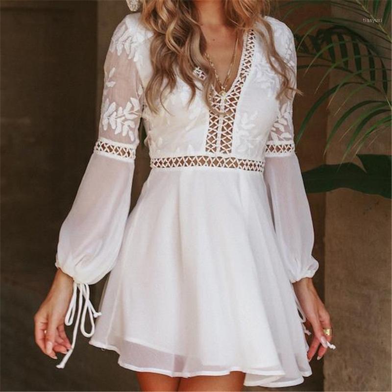 

Casual Dresses Sexy Women Boho Dress Summer Hollow Out Lace Long Sleeve Evening Party Clothes White Beach Sundress Backless, As photo shows