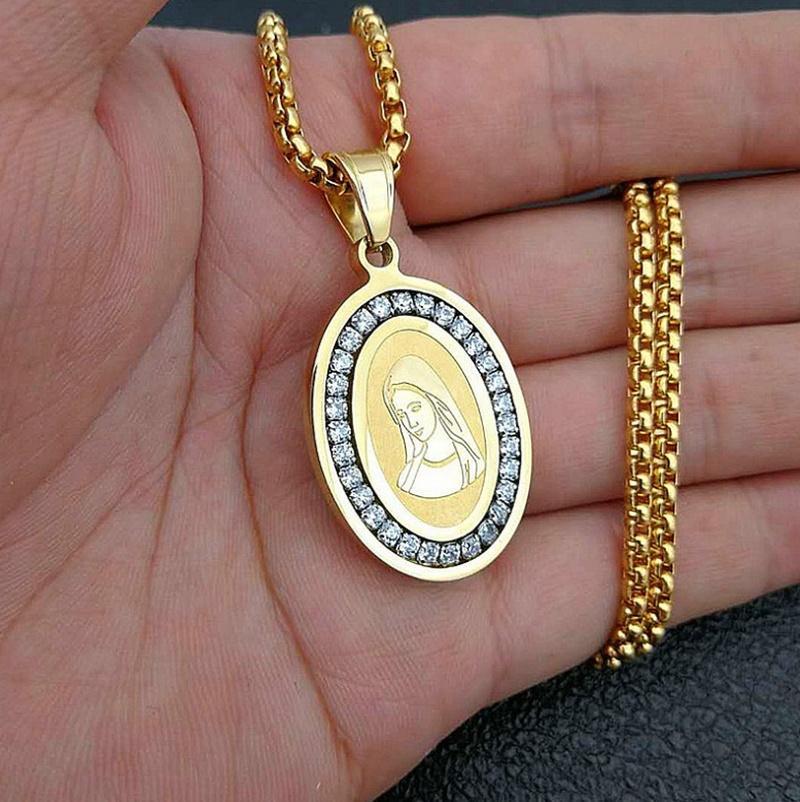 

Pendant Necklaces Fashion Vintage Zircon Virgin Mary Religious Amulet Necklace For Men And WomenPendant