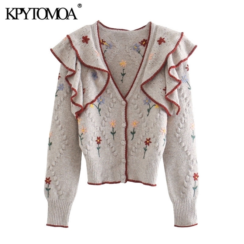 

KPYTOMOA Women Fashion Floral Embroidery Ruffled Knitted Cardigan Sweater Vintage Long Sleeve Female Outerwear Chic Tops 201203, As picture
