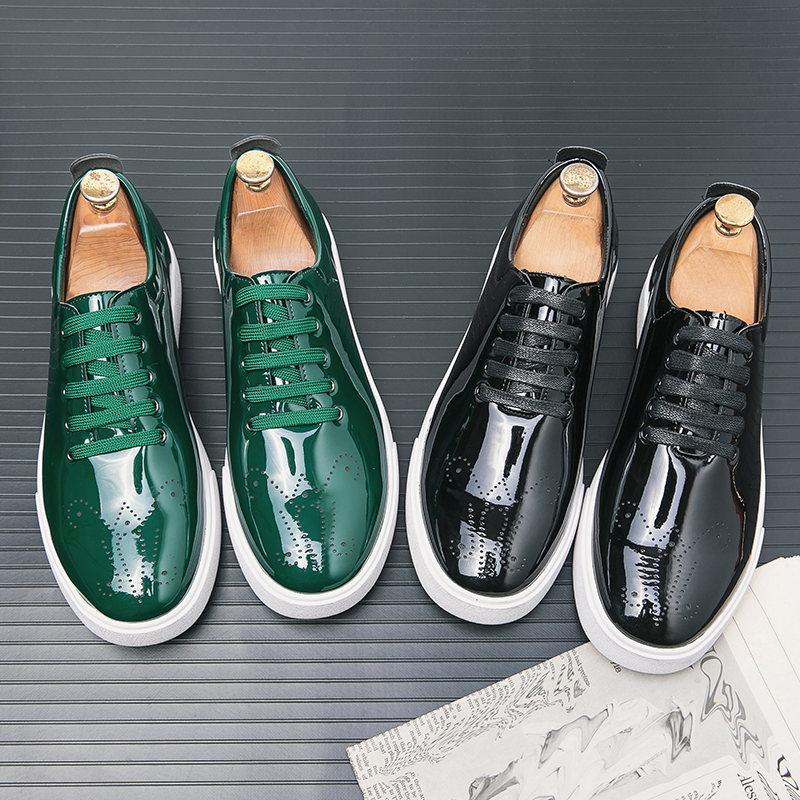 

Explosive Patent Leather White Sole Shoes Men Solid Color Daily Youth Trend Business Formal Dress Brogue Carved Casual Shoes HM521, Clear