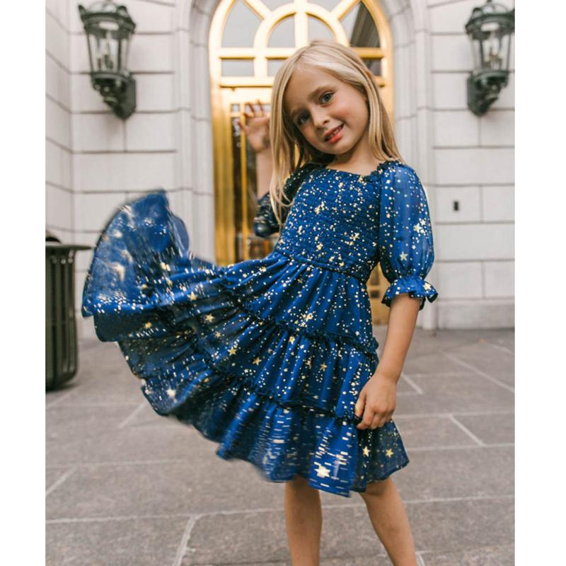 

Girl's Dresses Fashion Kids Girl Starry Sky Cake Dress Spring Summer Children's Short Sleeve 7-12 Years Elegant Clothes