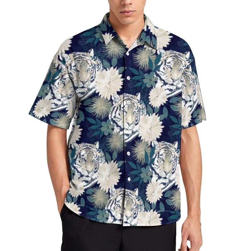 

Men's Casual Shirts Trendy Tiger Animal Watercolor Floral Blue Daily Shirt Short Sleeves Streetwear Blouses Male Plus SizeMen's, Style-6
