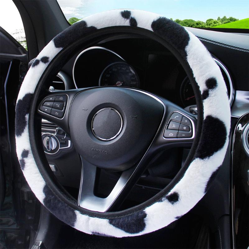 

Steering Wheel Covers No Inner Ring Cow Pattern Plush Elastic Cover Car Handle CoverSteering